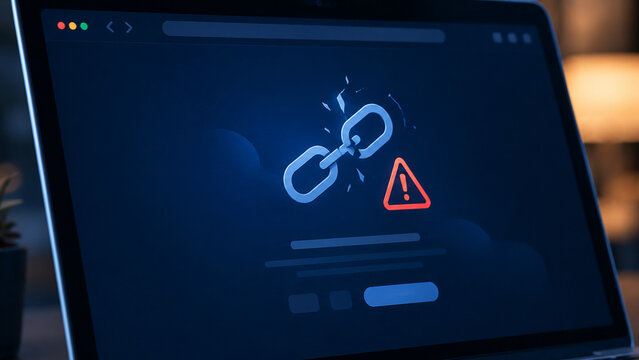 Broken link warning on laptop screen showing website error and security issue
