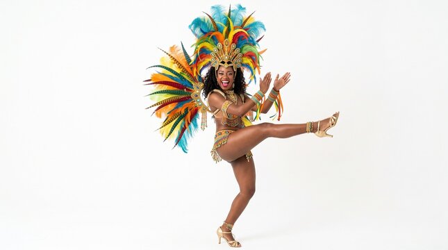 Woman in vibrant colorful carnival costume with large feather headdress dancing