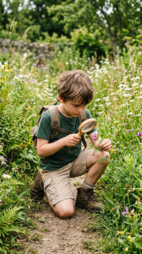 Curious Boy Exploring Nature with Magnifying Glass Discovering Wildflowers in Lush Green Meadow