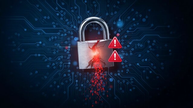 Cybersecurity failure concept with a damaged metal padlock emitting red binary code and warning signs on a dark blue digital circuit board backdrop