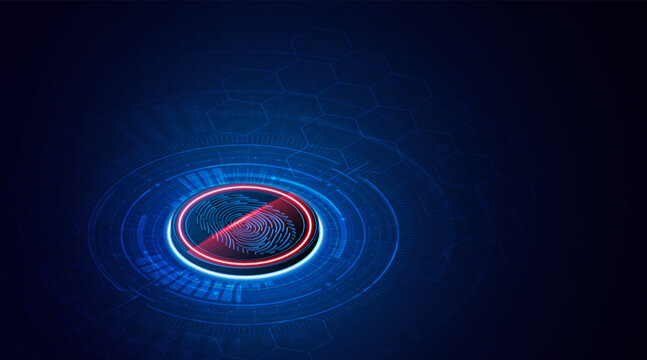 Cybersecurity concept. Futuristic biometric fingerprint scanner on blue circuit board background. Digital identity verification and data protection technology for secure network access.