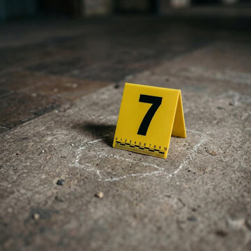 Crime scene evidence marker number 7 on concrete floor with chalk outline