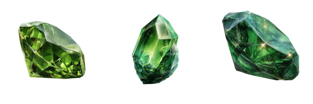 Set of A striking pear-shaped green gemstone with brilliant faceted surfaces, vibrant translucent green color on transparent png background. Ai generated
