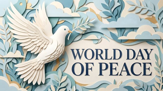World Day of Peace Poster with an Elegant White Paper Cut Dove and Olive Branch