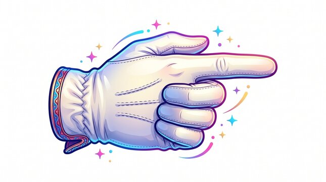 Gloved hand pointing to the side with decorative sparkles and dynamic curved lines against a white background.