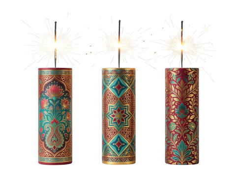 Three decorative firework sparklers with ornate traditional patterns isolated on transparent background