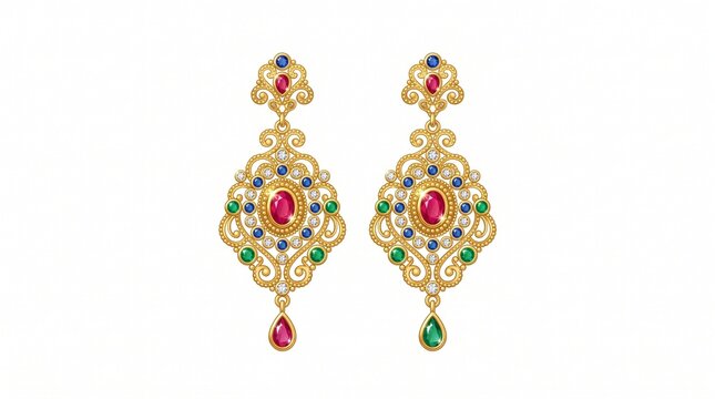 Earrings featuring ornate gold settings and vibrant red and green gemstones dangle elegantly.