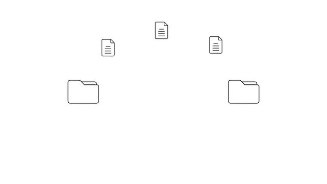 File folder animated black line art documents flying into a folder on white background. data transfer animation.