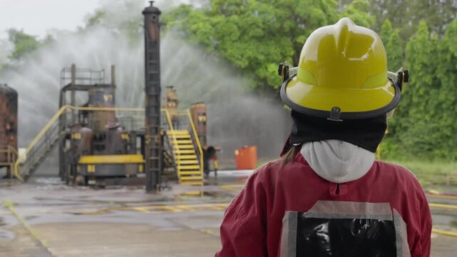 Firefighter training rescue expert demonstrates safety standards with helmet and protective clothing during emergency response exercise industrial facility, smoke assessment and wet outdoor readiness