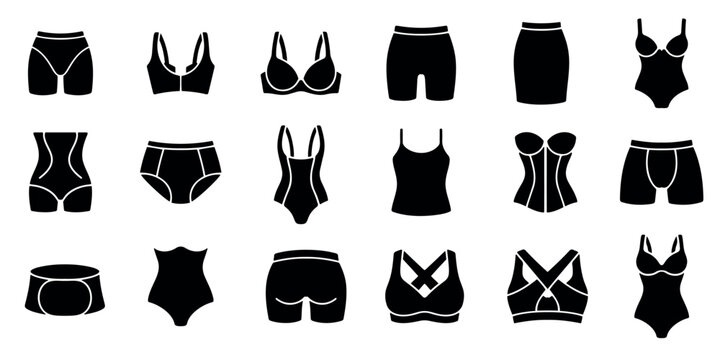 Women shapewear and underwear icon set, female body shaper corset slimming lingerie vector