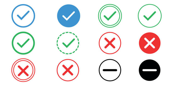 Check mark and cross icon set, correct wrong and minus button vector symbols