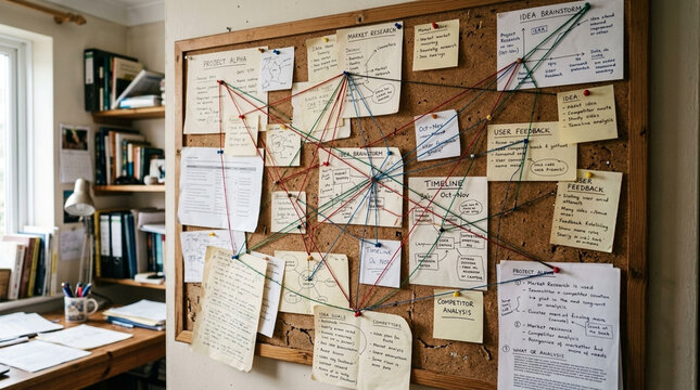 Corkboard with Sticky Notes and String Idea Board Planning Strategy Brainstorming Connection Information