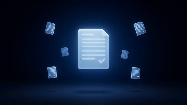 Digital file management and verification visualization with a central glowing document and checkmark surrounded by smaller floating file