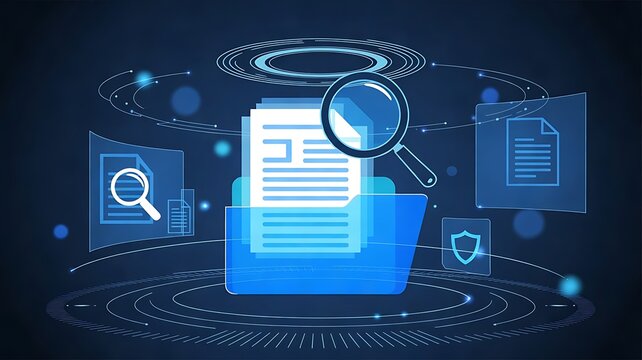 Digital interface showing a blue folder with documents and magnifying glass floating in a futuristic virtual data management environment