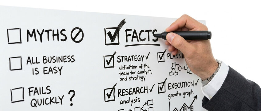 Business strategy concept hand writing on whiteboard with checklist of myths vs facts research planning execution
