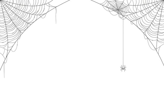 Spooky spider webs in top corners with a hanging spider isolated on white background