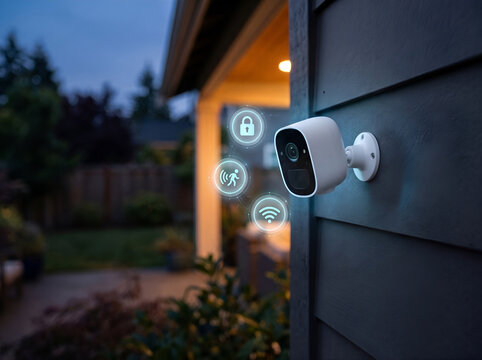 Smart home security camera with wifi, motion detection and lock icons on house exterior at dusk