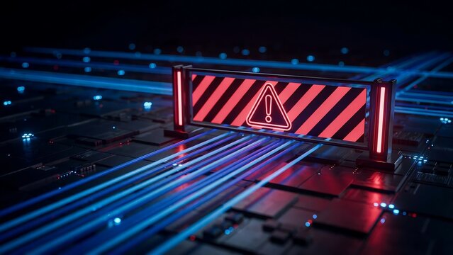 Digital network security barrier with glowing red warning sign and blue data stream lines on a dark technological circuit board background concept