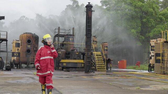 Firefighting Training Rescue Expert Safety Standards for Firefighter Emergency Response Industrial Facility with Protective Clothing, Coordinated Water Spray Practice, Equipment Awareness