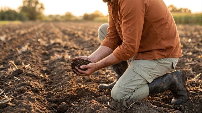 Farmer holding rich fertile soil in hands for agricultural test concept