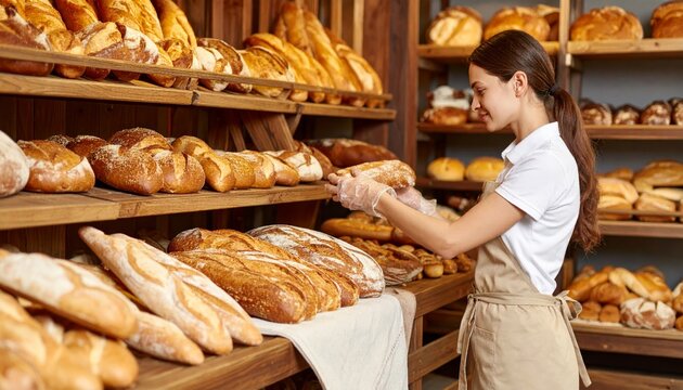Female bakery assistant arranging fresh bread loaves on display shelves