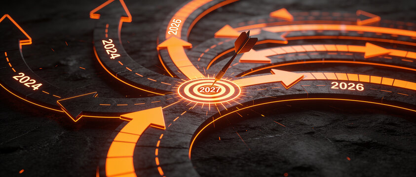 Glowing orange arrows on a dark surface converging on a target with the year 2026.