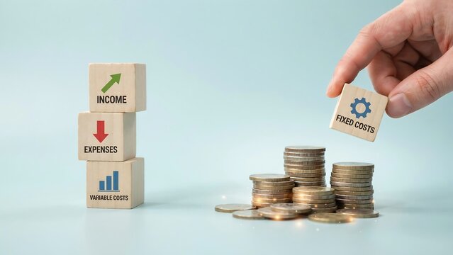 Financial planning concept with wooden blocks labeled income expenses and variable costs next to a hand placing a fixed costs block on coin stacks