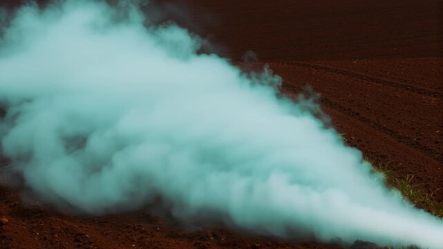 Pale aqua vapor spreading across a dark rust field