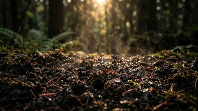 Closeup of damp forest floor with steam rising from the soil in the soft morning sunlight, highlighting the texture of earth, moss, and pine needles world soil day