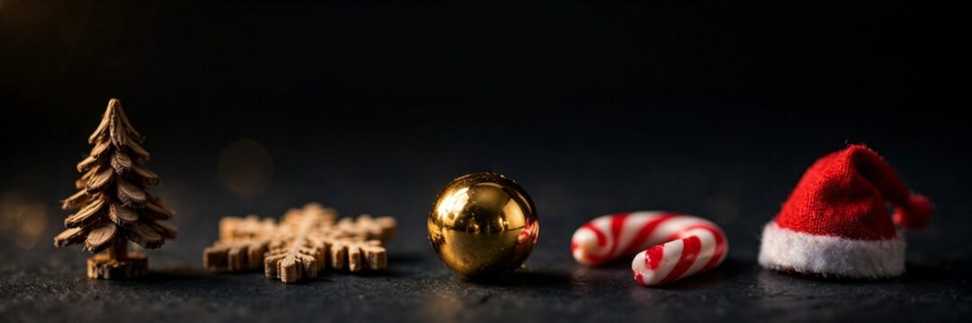 Row of miniature Christmas objects with wooden tree, gold bauble, candy cane and santa hat on dark slate background with copy space