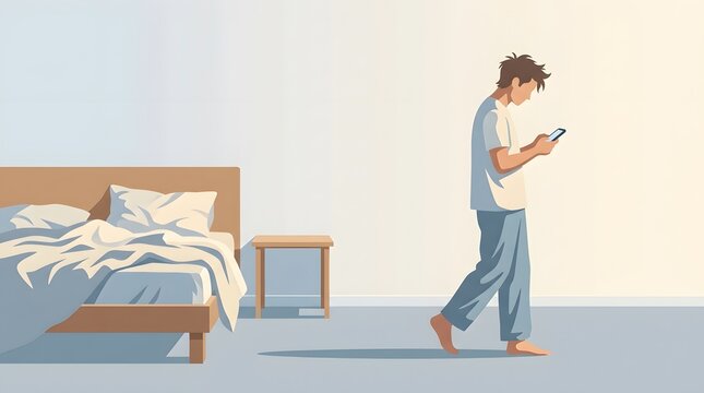 Morning Isolation: A young man, still in his pajamas, walks dejectedly through his bedroom, eyes glued to his phone, while a rumpled bed and bedside table stand nearby, bathed in soft morning light.