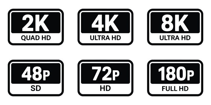 Video resolution label vector design featuring 480 SD, 720 HD, 1080 full HD, 2K, 4K, and 8K ultra HD screen quality icons isolated on white background