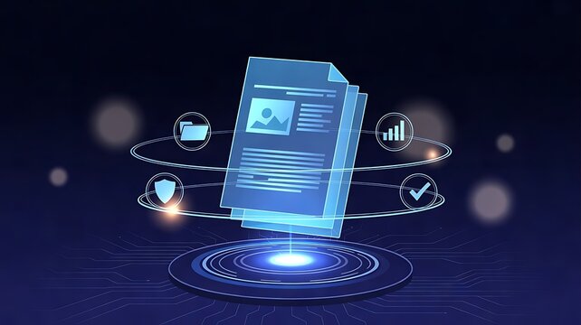 Holographic document file floating above a glowing circular platform with surrounding for folders, charts, security shields, and check marks