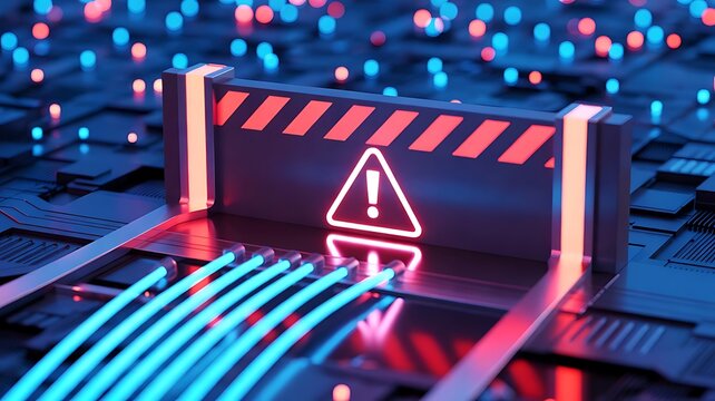 Industrial warning sign with exclamation mark on a dark circuit board background, with glowing blue, fiber optic cables, and red light accents