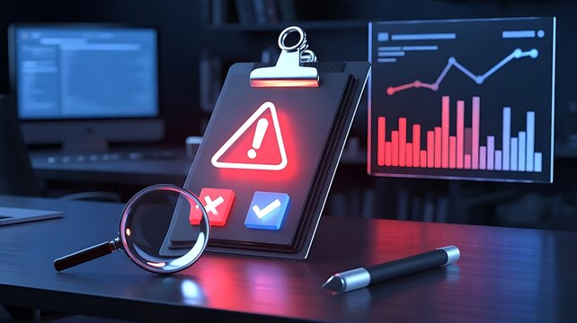 Office desk with a clipboard showing a warning triangle and checkmarks, inspected by a magnifying glass near financial monitors