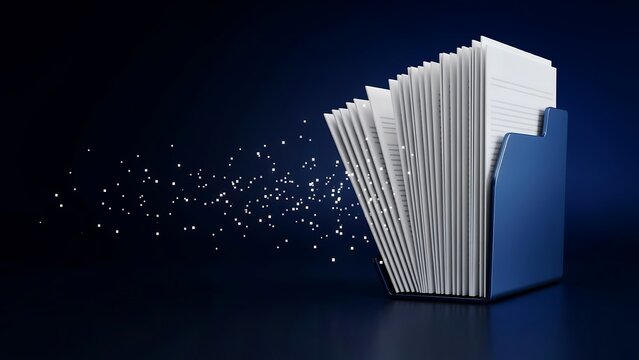 Open blue folder with white documents and floating light particles on a dark background, representing digital file, management and data processing