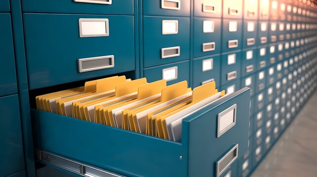 Open teal metal filing cabinet drawer filled with organized yellow hanging folders in a office archive storage room setting for records