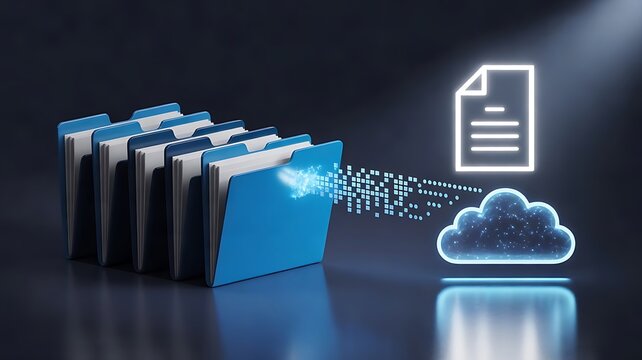 Row of blue folders with glowing data stream connecting to a neon cloud representing digital document management and cloud storage technology