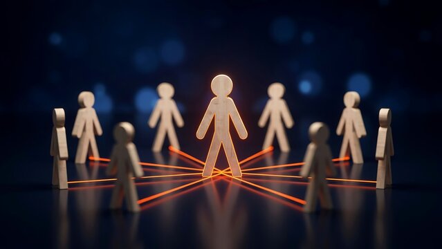 Wooden human figures connected by glowing orange lines on a dark background, representing networking and, social connection in, a business environment