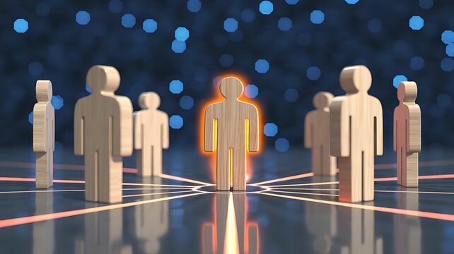Wooden human figures standing in a circle with glowing orange connections representing networking, leadership, and team collaboration in digital space