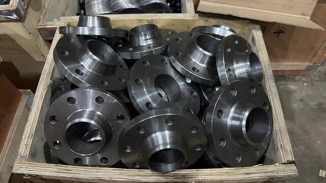 Machined steel pipe flanges with bolt holes stacked in a wooden crate, industrial fittings, pipeline components, warehouse storage