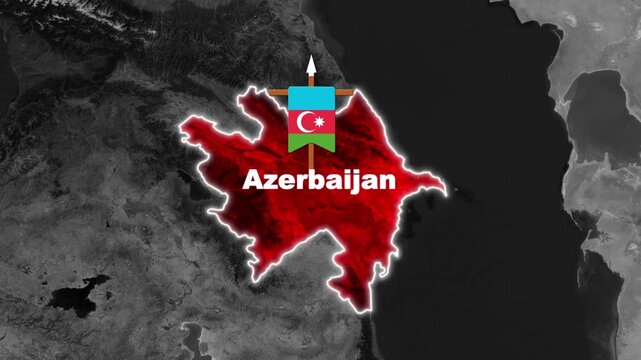 Azerbaijan country map, geographic location, and national flag animation video overlay on grayscale satellite background