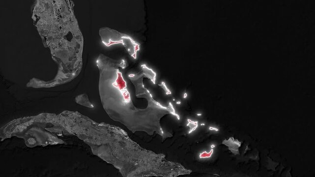The Bahamas country map, island territory, and geographic location animation video overlay on grayscale satellite background