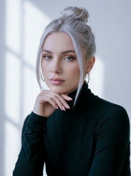 Woman with elegant bun wearing black turtleneck