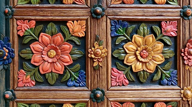 Carved wooden floral pattern with colorful indian craftsmanship