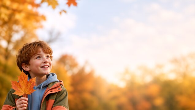 Happy boy holding autumn leaf looking up in park. Cheerful red hair child enjoying fall season outdoors. Copy space for text