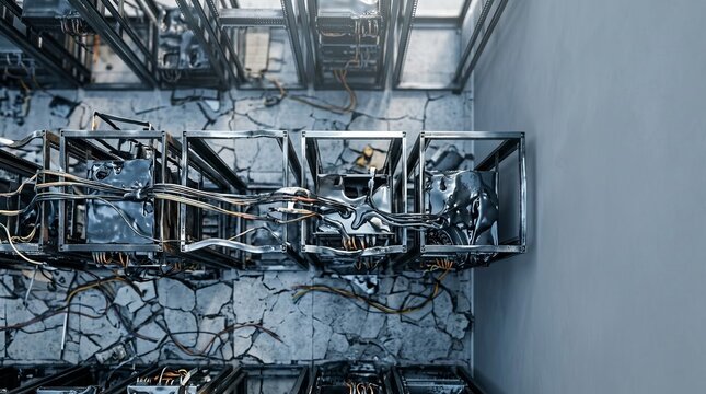Destroyed data center aftermath with melted server racks and charred cabling on cracked concrete flooring, top-down view representing critical infrastructure failure and digital disaster recovery