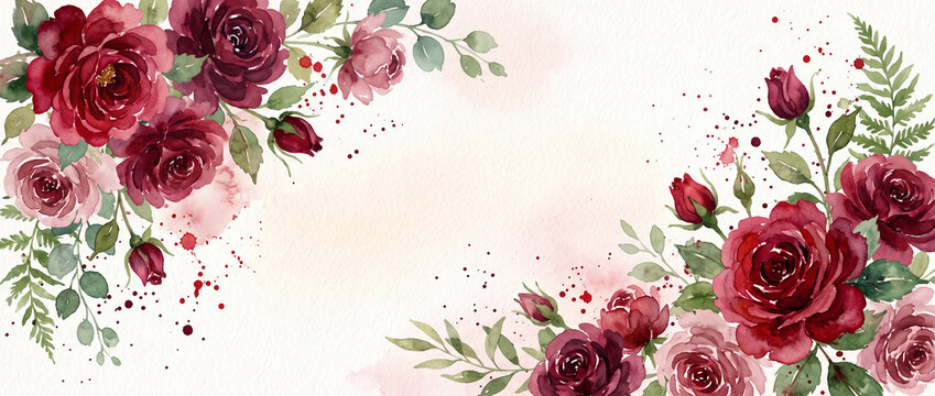 Red and pink watercolor roses frame background with green leaves and splatters, floral border for valentine celebrations and wedding invitations, romantic header for social media banner