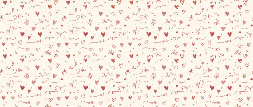 Minimalist hand drawn heart pattern texture on cream paper background, romantic valentine seamless texture with doodle sketches for social media banners and greeting cards, red ink wallpaper