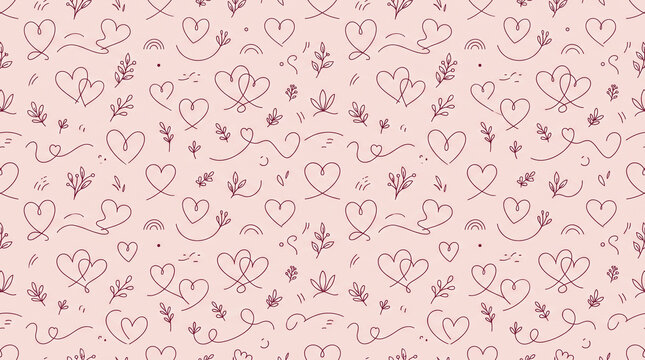 A charming seamless doodle pattern texxture backgrounds with outline hearts, swirls, and small botanical elements, creating a gentle romantic texture for banner social media cover